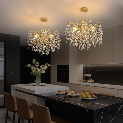 Modern Crystal Tree Branch Chandelier, D23.7'' Round Gold Raindrop Indoor Hanging Ceiling Lighting Fixture for Dining Room Living Room Bedroom Foyer 8 Lights