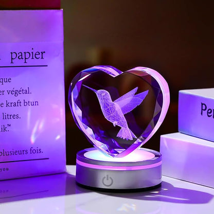 Qianwei Hummingbird Gifts for Women 3D Crystal Heart - Laser Hummingbird Decor Glass Animals Hummingbird Gifts Figurines Statue Stuff for Room Decorations Hummingbird Night Light
