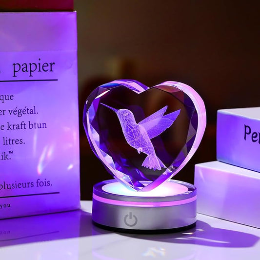 Qianwei Hummingbird Gifts for Women 3D Crystal Heart - Laser Hummingbird Decor Glass Animals Hummingbird Gifts Figurines Statue Stuff for Room Decorations Hummingbird Night Light