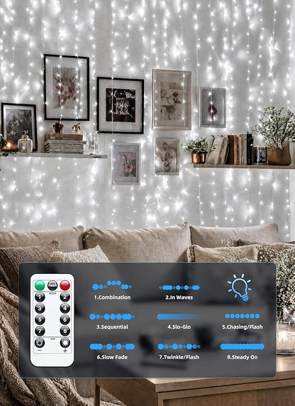 Brightown 300 LED Fairy Curtain Lights, 9.8ft x 9.8ft String Lights, USB Plug in 8 Lighting Modes Christmas String Hanging Lights with Remote for Bedroom Indoor Outdoor Party Xmas White 1 Pack
