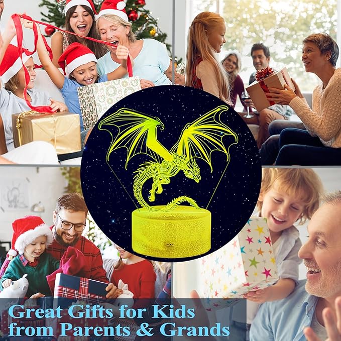 Dragon Night Light, Dragon Gifts, 3D Illusion Lamp with 16 Colors Changing, Timer, 4 Flash Modes and Dimmable, Kids Boys Girls Room Decoration, Holiday Xmas Gifts
