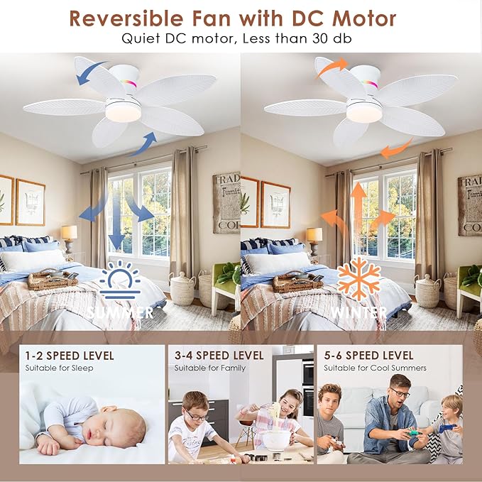 Tropical Palm Leaf RGB Ceiling Fans with Lights 46”, White Flush Mount Ceiling Fan with Light and Remote, 3CCT Dimmable LED&&Side RGB Light, Reversible 6 Speeds, Quite Low Profile Ceiling Fan Party