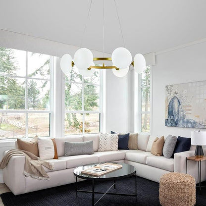 Modern Gold Chandelier, Mid Century Wagon Wheel Chandelier, 6-Light Globe Dining Room Light Fixture with Milk Glass Shades