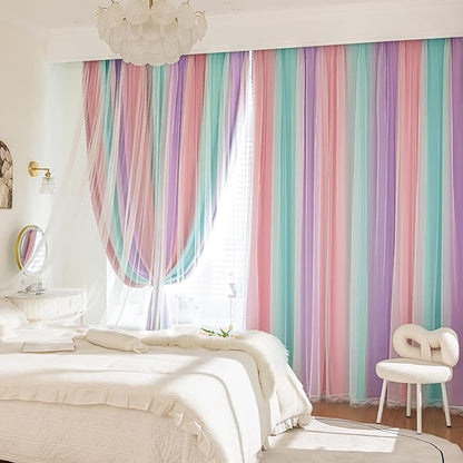 XiDi 100% Blackout Curtains for Girls Bedroom 63 Inches Long 2 Panels Colorful Rainbow Nursery Kids Curtains with Sheer Overlay Unicorn Wall Decor Princess Grommet Drapes Pink Purple Green 52W x 63L