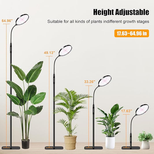 Hywyimlait Floor Grow Lights for Indoor Plants, Full Spectrum Plant Light with Stand for Growing Large Tall Plants, Grow Lamps with 4/8/12/18H Timer, 3 Light Modes, 10 Dimming,Height Adjustable, Black