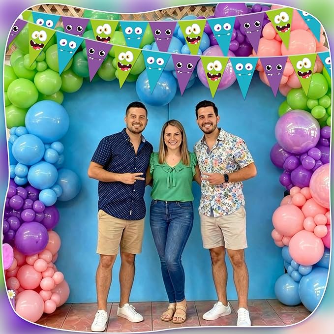 HESTYA 5 Pcs 49 ft Cartoon Monster Pennant Banner Monster Birthday Party Decoration Green Purple Blue Paper Triangle Flag Cute Bunting Garland for Cartoon Themed Party Backdrop Hanging Supplies