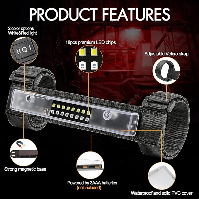 UTV Interior Light, RFROAD LIGHTING Universal Interior Dome Light Roll Bar Mount LED Lights Utility Roll Cage Lights for UTV Polaris RZR ATV Can-Am Kawasaki Truck Car Off Road Cab - White/Red