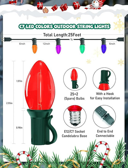 C7 Christmas String Lights 25Ft LED Outdoor Christmas Lights with 27 Clear Multicolor LED Bulbs(2 Spare), Vintage Colorful String Lights for Garden Wedding Party Xmas Decoration