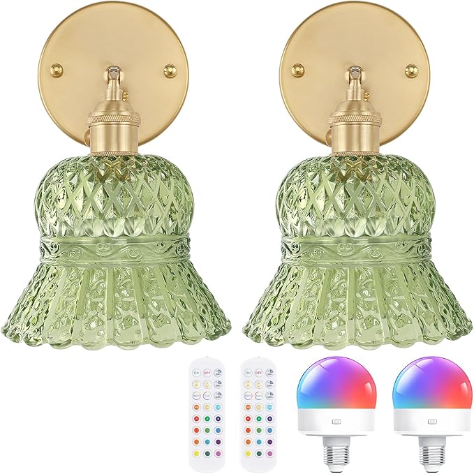 Shenmoyl Vintage Battery Operated Wall Sconces Set of Two, Rechargeable Battery Powered Wall Sconce with Remote Control, Wireless Dimmable LED Light for Bedside Bathroom Living Room (Green Pineapple)
