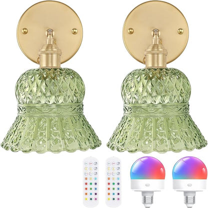 Shenmoyl Vintage Battery Operated Wall Sconces Set of Two, Rechargeable Battery Powered Wall Sconce with Remote Control, Wireless Dimmable LED Light for Bedside Bathroom Living Room (Green Pineapple)