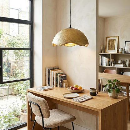 JAYMP 15.7" Modern Pendant Light for Dining Room Kitchen Island Light Hanging Lamp E26 Base Japanese Wabi-Sabi Style Bird Nest Shape Lighting Fixture, 1 Pack (Matte Gold,D Shape, 40cm/15.7inch)
