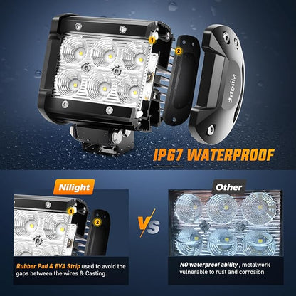 Nilight LED Light Pod with Yellow Black Covers 2PCS 18W 1260LM Flood Off Road Lights Super Bright Driving Fog Boat Lighting Pods for Trucks Pickup Golf Cart SUV ATV UTV 4x4 Van Camper