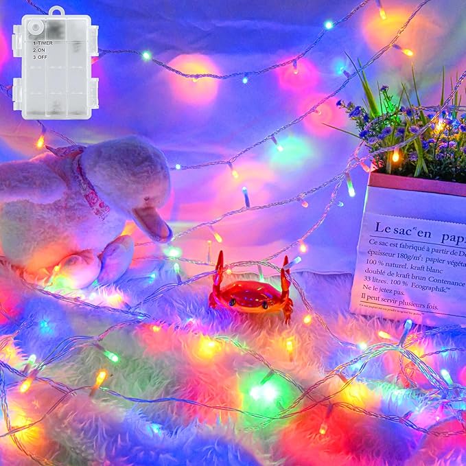 cshare Christmas String Lights Outdoor Waterproof 9.8ft 30 LED, Muliticolor Fairy Lights Battery Operated with Timer Clear Wire for Indoor & Outdoor Christmas Decorations Garland Party Garden