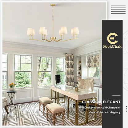 8 Light Brass Gold Chandelier with White Fabric Shade 44'' Linen Dining Room Chandeliers Over Table Kitchen Chandeliers Light Fixture for Living Room Bedroom Entryway Home Office