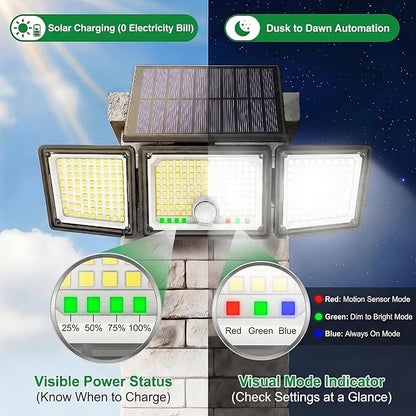 Solar Outdoor Lights Motion Sensor, 2500LM 286 LED Security Flood Lights with Visual Battery & Mode Display, 3 Lighting Modes, IP65 Waterproof 3-Head Wide Angle for Garage, Yard, Patio (4 Pack)