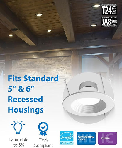 Recessed Ceiling Lights LED Downlight - 5/6 inch LED Recessed Light Fixtures - Selectable CCT 2700K-5000K, 918 Lumens, 10.3W - DLR56 Retrofit Ceiling Light, White Baffle, 12-Pk by NICOR Lighting