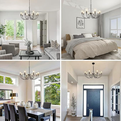 Black Farmhouse Chandeliers, 8 Light Rustic Iron Chandeliers, Classic Candle Ceiling Hanging Pendant Light Fixture for Living Room, Kitchen Island, Foyer, Dining Room Lighting Fixtures