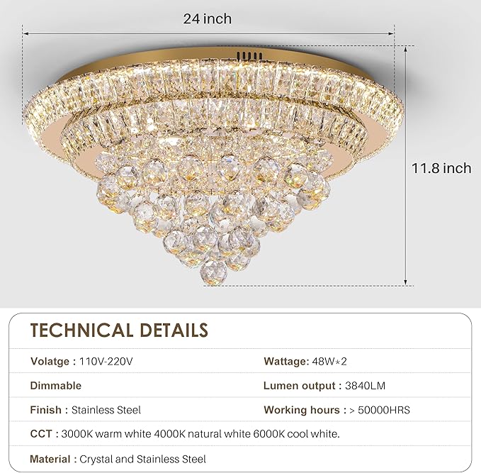 Miuyhji Large LED Crystal Raindrop Ceiling Light,Rose Gold, 24" Elegant Semi Flush Mount Chandelier Light Fixture with Remote Control for Living Room Kitchen Bedroom Hallway Entryway Foyer(Dimmable)