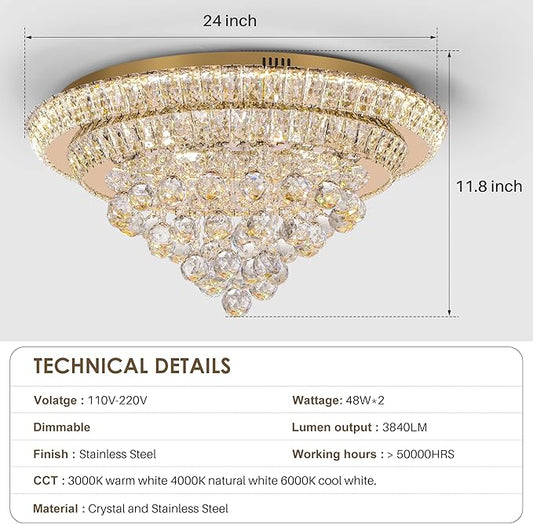 Miuyhji Large LED Crystal Raindrop Ceiling Light,Rose Gold, 24" Elegant Semi Flush Mount Chandelier Light Fixture with Remote Control for Living Room Kitchen Bedroom Hallway Entryway Foyer(Dimmable)