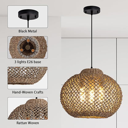 3-Light Rattan Pendant Light, 16.54" Hand-Woven Wicker Chandelier, Boho Basket Pendant Light for Dining Room Bedroom, Living Room, Bedroom, Kitchen, Farmhouse