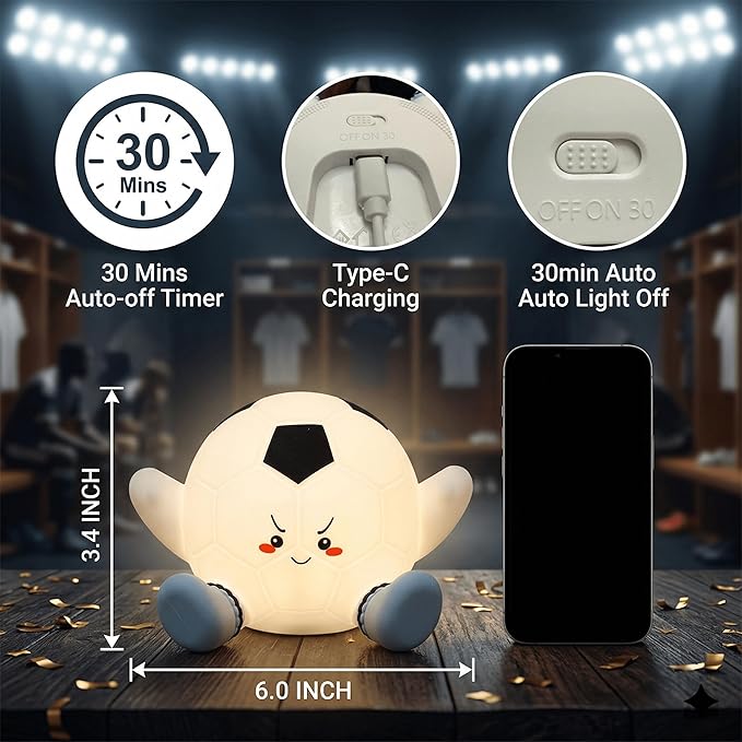 Soccer Night Light for Kids, Rechargeable Silicone Light Up Soccer Ball Lamp, 7-Color Tap Control Dimmable Bedside Nightlight, Cool Soccer Room Decor Stuff, Birthday Gifts for Boys 8-12 & Teens