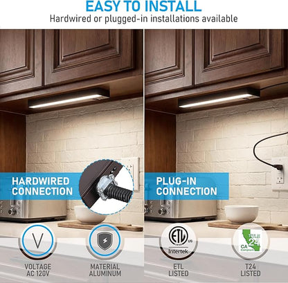 TORCHSTAR LED Under Cabinet Lighting 5CCT, 12 Inch 8W 600LM, Hardwired & Plug-in, 5 Color Selectable CRI90 120V ETL T24 Dimmable Under Counter Lights for Kitchen, Bronze Aluminum Housing, 2 Pack