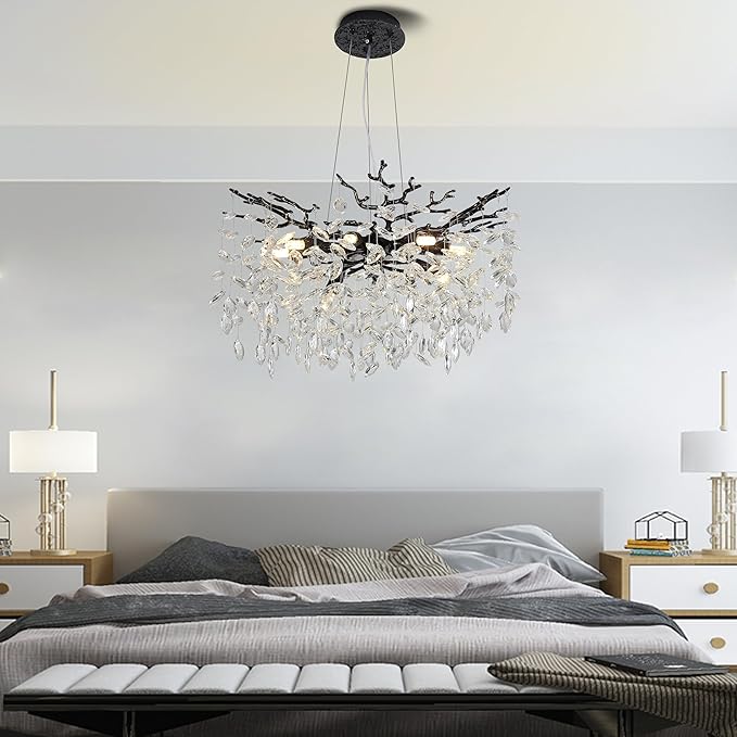 Modern Crystal Tree Branches Chandelier, 23.5in Black 8 Lights Large Ceiling Hanging Light for Dining Room, Round Raindrop Pendant Light Fixture