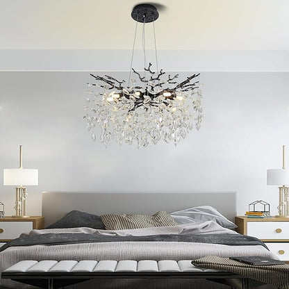Modern Crystal Tree Branches Chandelier, 23.5in Black 8 Lights Large Ceiling Hanging Light for Dining Room, Round Raindrop Pendant Light Fixture