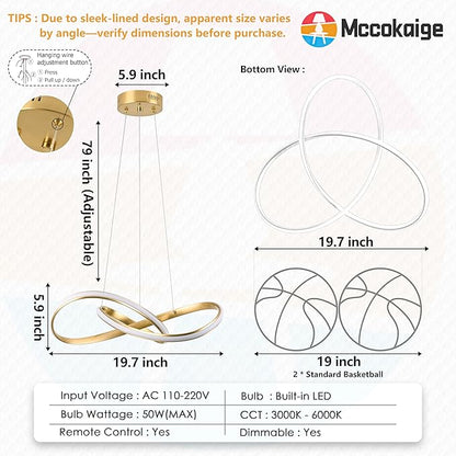 20" Gold Modern led Chandelier for Living Room,Irregular Ring Modern Pendant Lights Kitchen Island,Dimmable Remote Control H79 Adjustable led Pendant Light for Bedroom Dining Room Entryway