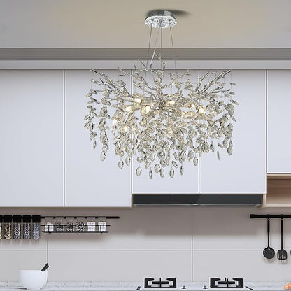 Modern Crystal Tree Branches Chandelier, 30in Silver 10 Lights Large Ceiling Hanging Light for Dining Room, Round Raindrop Pendant Light Fixture