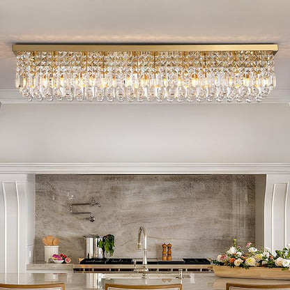 Gold Chandeliers,10-Lights Modern Crystal Chandelier, Rectangular Flush Mount Chandelier,Pendant Light Fixture for Dining Room Kitchen Room Bedroom Bathroom Hotel