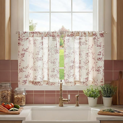 jinchan Floral Kitchen Curtains 24 Inch Linen Tier Curtains Farmhouse Cafe Half Window Drapes Over Sink Light Filtering for Living Room Laundry RV Rod Pocket 2 Panels Maroon Red on Beige