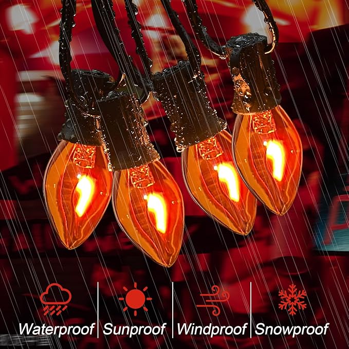 Abeja Orange Halloween Lights, 25FT Orange Flickering Lights String with 27 Flame Incandescent Blubs, Halloween Waterproof Flicker Lights for Spooky Thanksgiving Party Decor