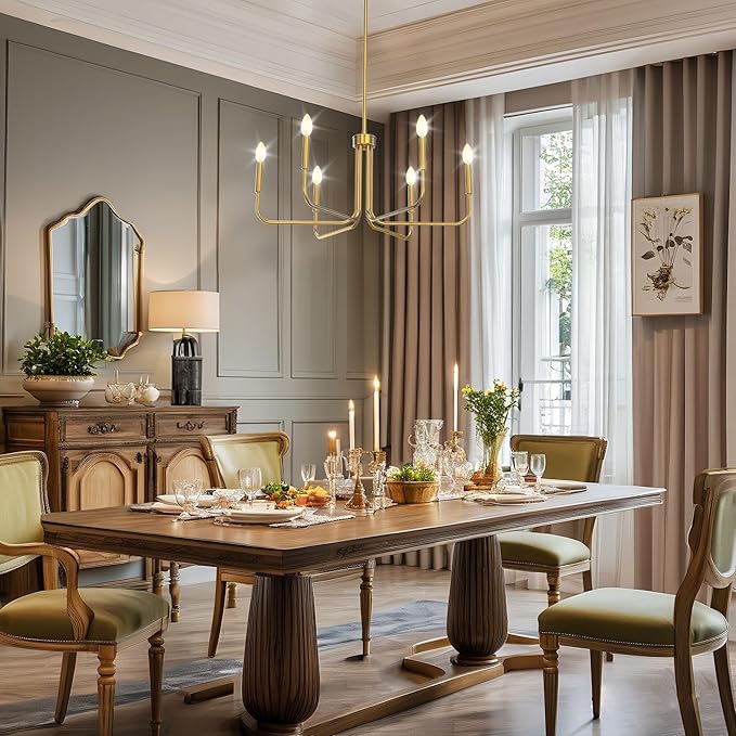 DORESshop Modern Chandelier for Dining Room, 6-Light 28" Brass Farmhouse Chandelier for Dining Room, Dining Light Fixtures Over Table for Bedroom, Hall Kitchen Living Room