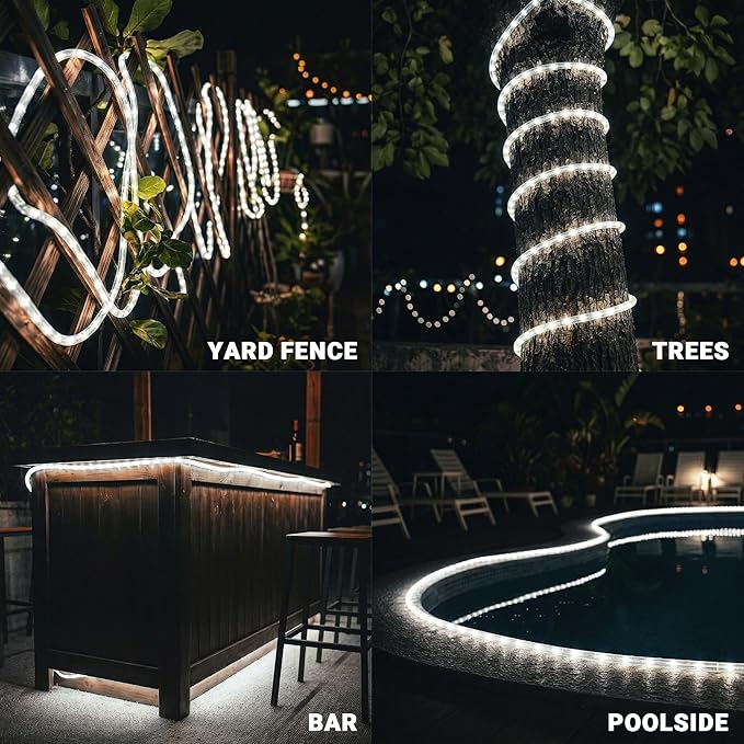 20ft Rope Lights Outdoor, Connectable & Flexible Tube Lights with 8 Modes Controller,Waterproof White LED Rope Lighting for Deck,Garden,Pool,Patio,Bedroom,Party,Indoor & Outside Landscape Lighting