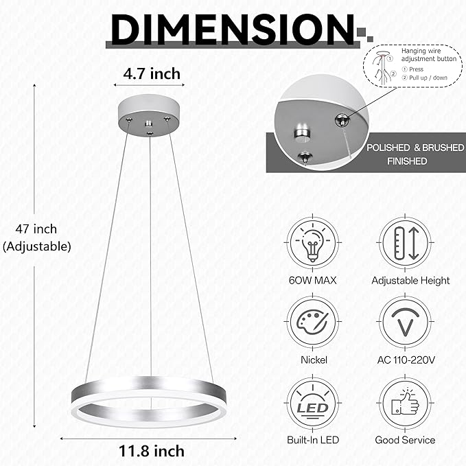 12" Nickel Led Ring Chandelier Ring Modern Led Chandelier 3 Pack Modern Pendant Lights Led Pendant Lights Adjustable Height Light Contemporary Light Fixture for Kitchen Island Dining Room