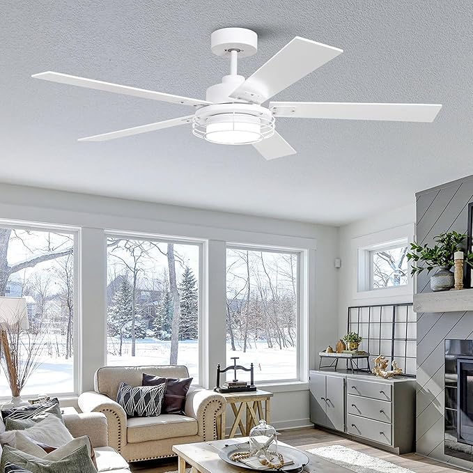52" White Ceiling Fan with Lights & Remote -Farmhouse Ceiling Fan for Bedroom with High Airflow,Quiet DC Motor 6-Speed Indoor/Outdoor