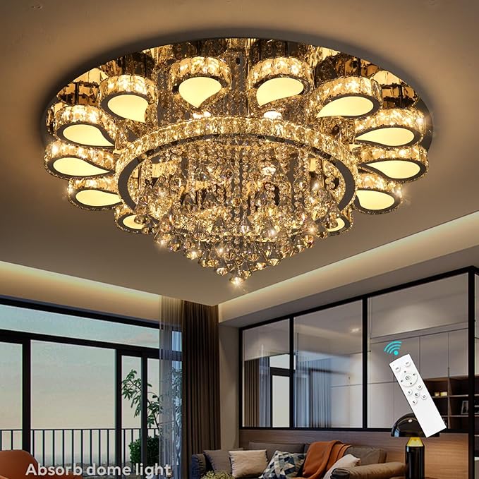 HAIXIANG Glam Crystal Chandelier for Living Room Dining Room Lights Sloped Ceiling Light Fixtures Luxury Modern Remote Dimmbale Lighting Silver 40 Inches