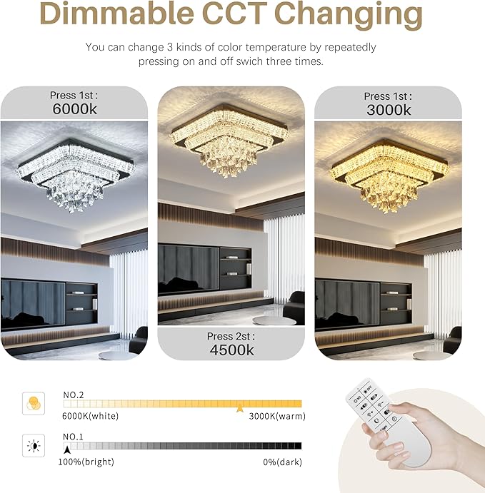 COCOSTAR Crystal Chandeliers, Modern Led Luxury Chandelier, 25" Suqare Flush Mount Chandelier Ceiling Light, Chandeliers for Dining Room, Living Room, Bedroom