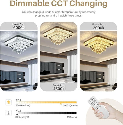 COCOSTAR Crystal Chandeliers, Modern Led Luxury Chandelier, 25" Suqare Flush Mount Chandelier Ceiling Light, Chandeliers for Dining Room, Living Room, Bedroom