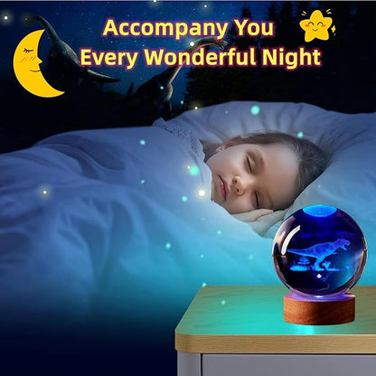 Dinosaur Crystal Ball Lamp, 3D K9 T-Rex, 3.15in USB Powered, 16 Colors Change, Remote Control, Night Light with Wooden Base, Gift Box