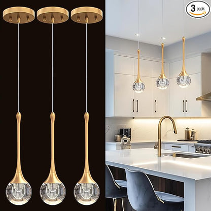 3-Pendant Lights Kitchen Island,Crystal Gold Globe LED Chandelier, Modern Dimmable Adjustable Height Hanging Light Fixture,Sloped Ceiling,Bedroom,Dining Room