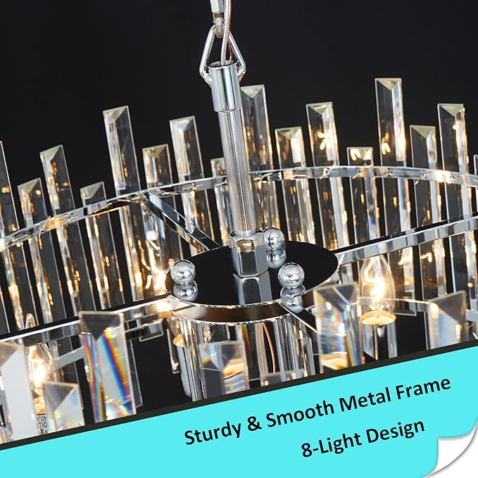 Chrome Crystal Chandeliers for Dining Room, 20" Modern Raindrop Round Pendant Ceiling Lights Fixture Living Room Entryway Bedroom 8 Light