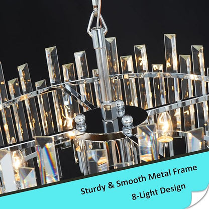 Chrome Crystal Chandeliers for Dining Room, 20" Modern Raindrop Round Pendant Ceiling Lights Fixture Living Room Entryway Bedroom 8 Light