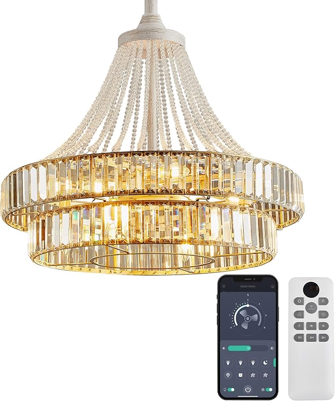 24“ Crystal Ceiling Fan with Lights, Modern Caged Fandelier with Remote & App Control, 6-Speed Reversible DC Motor, 8-Lights Chandelier Fan Double Layer for Bedroom, Living Room (White Gold)