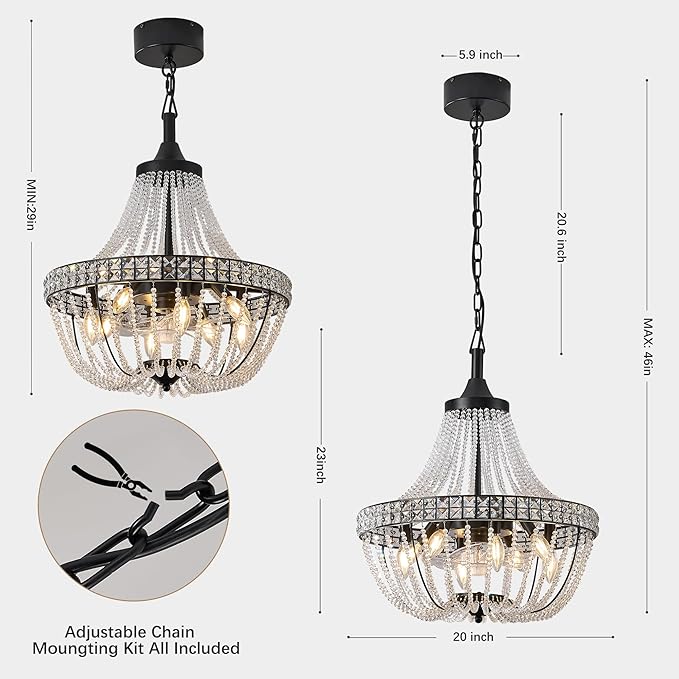 Modern Empire Crystal Chandelier Fan with 119 Square Crystal Accents, 64 Bead Strands, 7-Blade Invisible Fan, Ceiling Fan for Living Room, Bedroom, Dining Hall (Black, 20'' Modern Style)