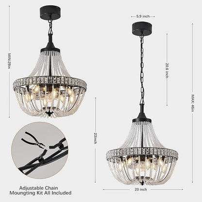 Modern Empire Crystal Chandelier Fan with 119 Square Crystal Accents, 64 Bead Strands, 7-Blade Invisible Fan, Ceiling Fan for Living Room, Bedroom, Dining Hall (Black, 20'' Modern Style)
