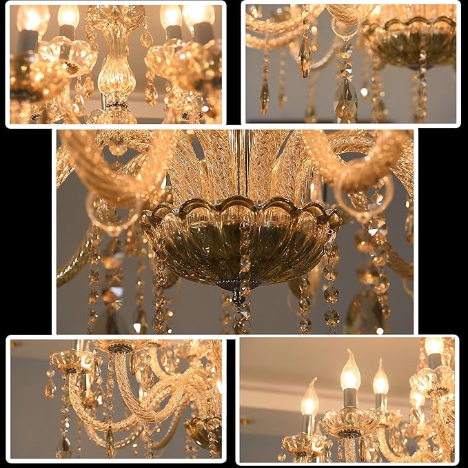 YYSHCHEN Cognac 15 Lights Large Crystal Chandeliers,Large Chandeliers for Dining Room,Living Room,Bedroom,Hallway,Entry Way 30.7"