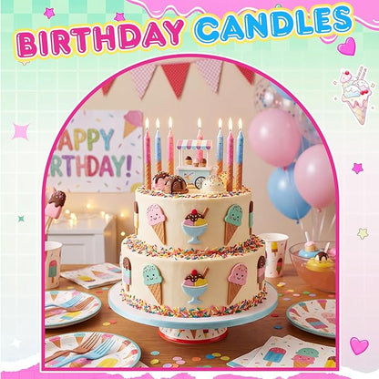 Conelist 12 Pcs Ice Cream Themed Birthday Candles Pink Blue Birthday Decorations Cartoon Movie Cake Toppers for Ice Cream Themed Party Supplies