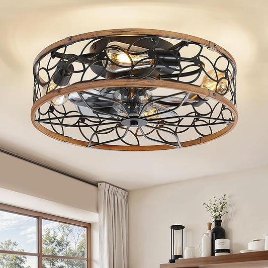 LEDIARY Caged Ceiling Fans with Lights, Farmhouse Flush Mount Ceiling Fan with Remote&App, Black&Walnut Low Profile Ceiling Fan Light Fixture for Bedroom, Kitchen, Dining Room.
